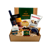 Spanisches Weihnachsts geschenk box, olivas, wein, käse, thunfisch